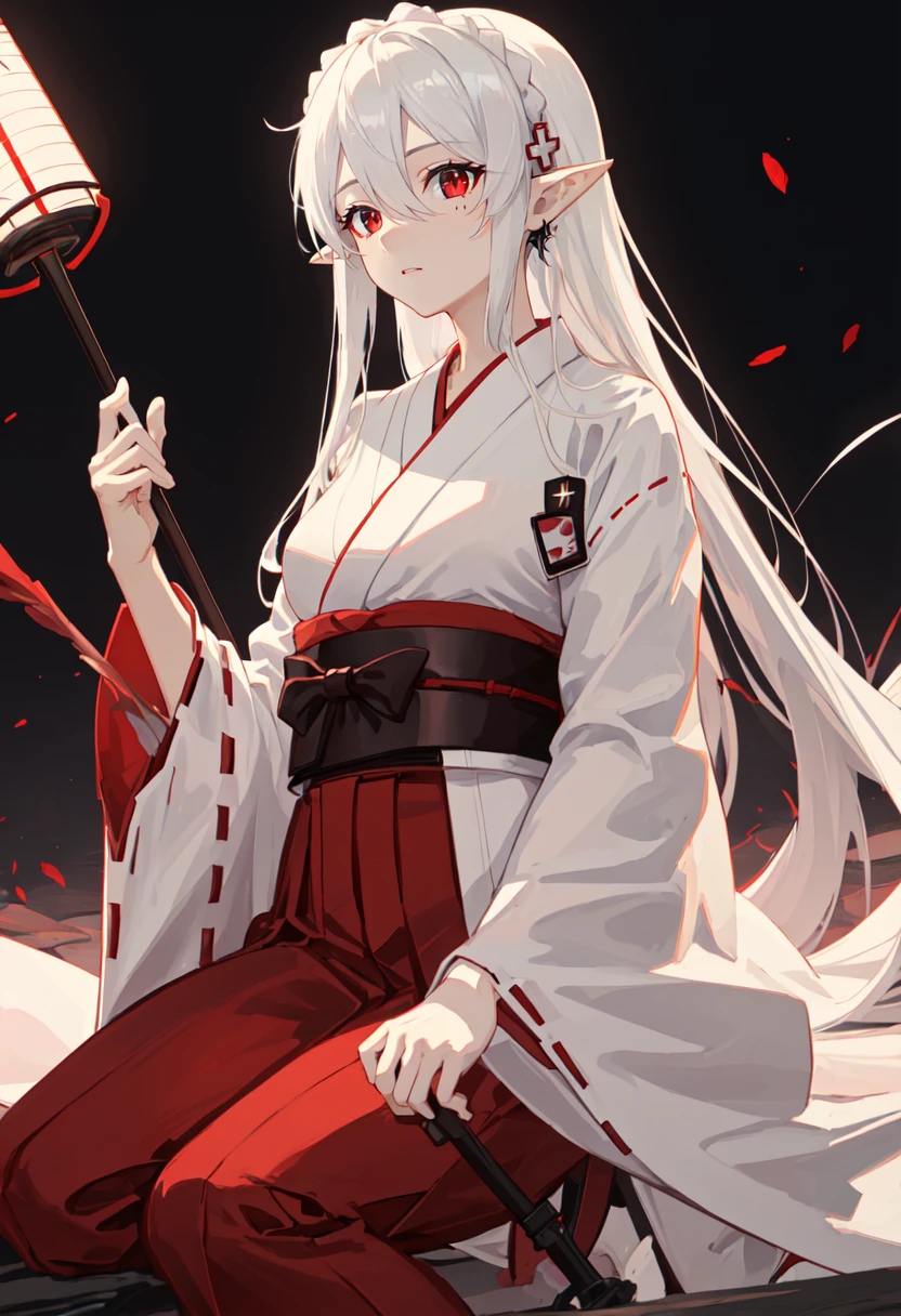 best quality, masterpiece, highres, solo, (warfarin_arknights:1.10), (white kimono:1.35), (red hakama:1.35), (wide sleeves:1.20), 22 <lora:warfarin_arknights:0.80>