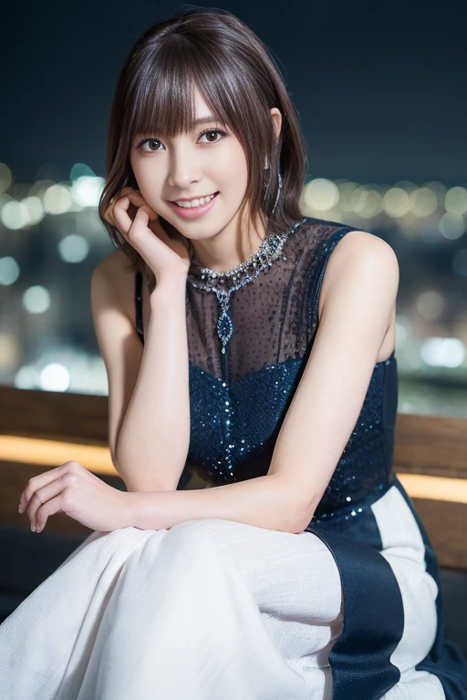 1girl, (evening dress:1.6),(RAW photo, best quality:1.4), (realistic, photo-realistic:1.4), masterpiece, an extremely delicate and beautiful, extremely detailed, 2k wallpaper, Amazing, finely detail, extremely detailed CG unity 8k wallpaper, ultra-detailed, highres, soft light, beautiful detailed girl, extremely detailed eyes and face, beautiful detailed nose, beautiful detailed eyes,(blurry,bokeh backgound:1.6),(night city:2.0),perfect anatomy,(slender body:1.6),(close up face,focus face:1.8),(smile gently,Friendly, warm:1.8),(looking at viewer:1.8), (japanese idol:1.8), (brown eyes:1.4),(sitting:1.8),(cleavage:1.2), <lora:tanedarisa_lora-10:0.8>