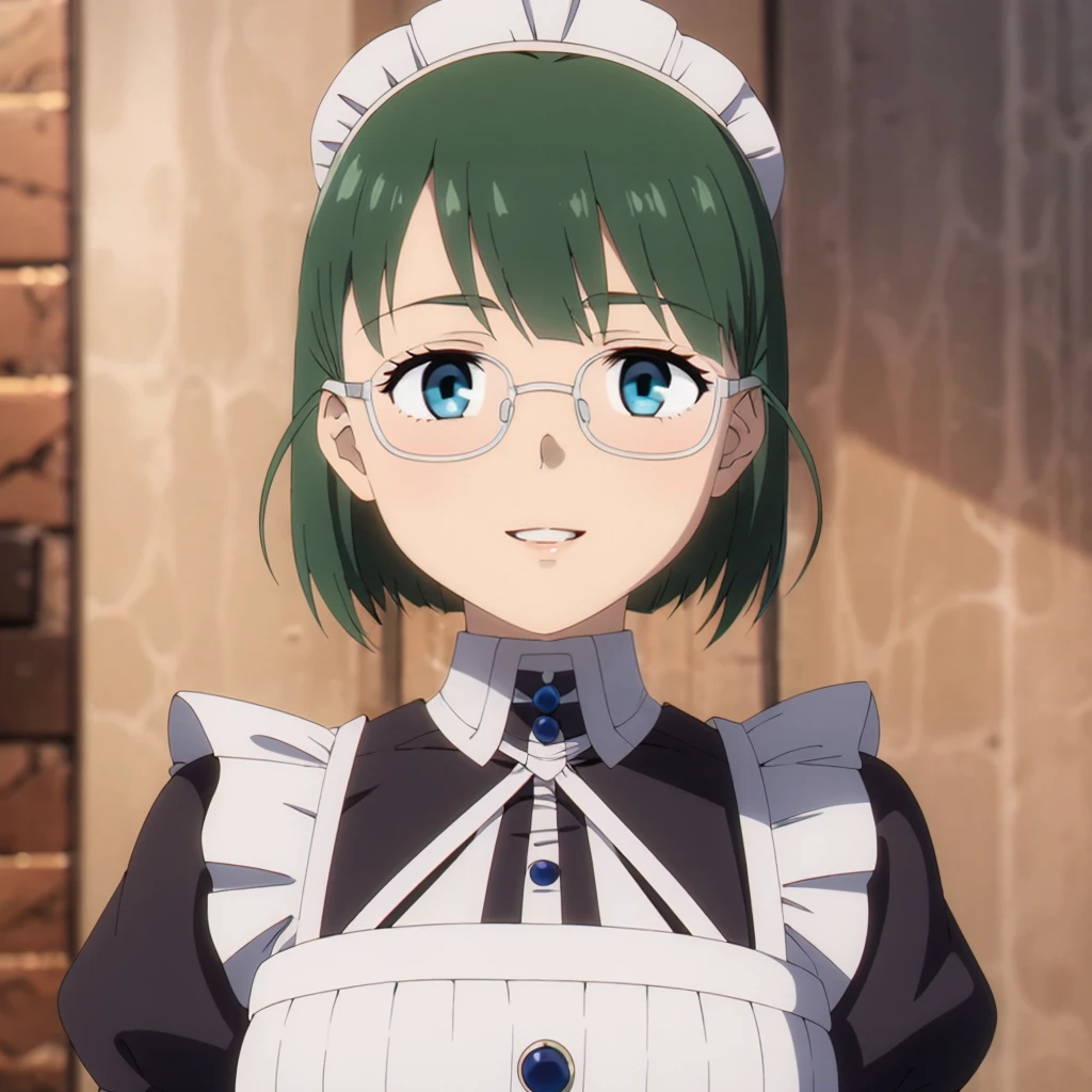 <lora:receptionis001:0.7>,<lora:add_detail:0.5>,<lora:noline:0.3>,<lora:boldline:-0.3>,smile,parted lips,
receptionis,1girl,green hair,short hair,(eyewear:1.1),blue eyes,
cowboy shot,maid,