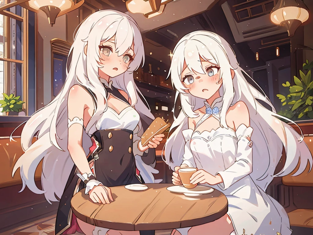 <lora:Rbeyrrlesv2:0.75> 2girls, RBEYRRLES, white hair, Over-the-top sequin embellished tulle dress with intricate patterns, indoors, cafe, worried,