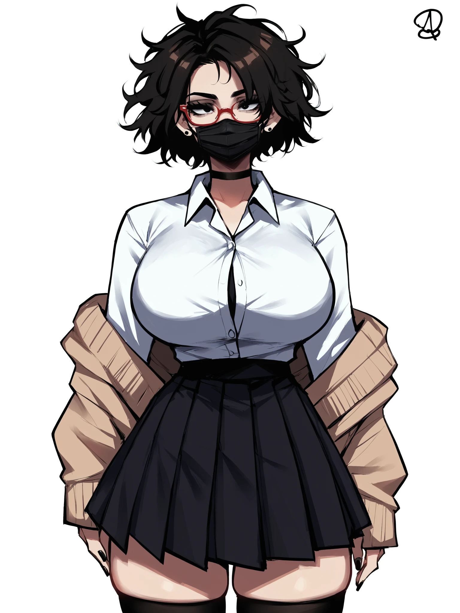 score_9, score_8_up, score_7_up, score_6_up, score_5_up, score_4_up, BREAK 1girl, (black hair:1.2), bob cut, short hair, tomboy, black eyes, (black mouth mask:1.1), long eyelashes, half-closed eyes, (red-framed eyewear:1.1), black choker, messy hair, (asymmetrical hair:1.2), adult, mature, black eyeliner, ear piercing, BREAK solo, standing, wave, huge breasts, adult, broad shoulders, tall, white collared shirt, long sleeves, light brown cardigan, open cardigan, black pleated skirt, black microskirt, black miniskirt, (black thighhighs:1.1), (shirt tucked in:1.1), black nails, skinny, BREAK white background, simple background,
