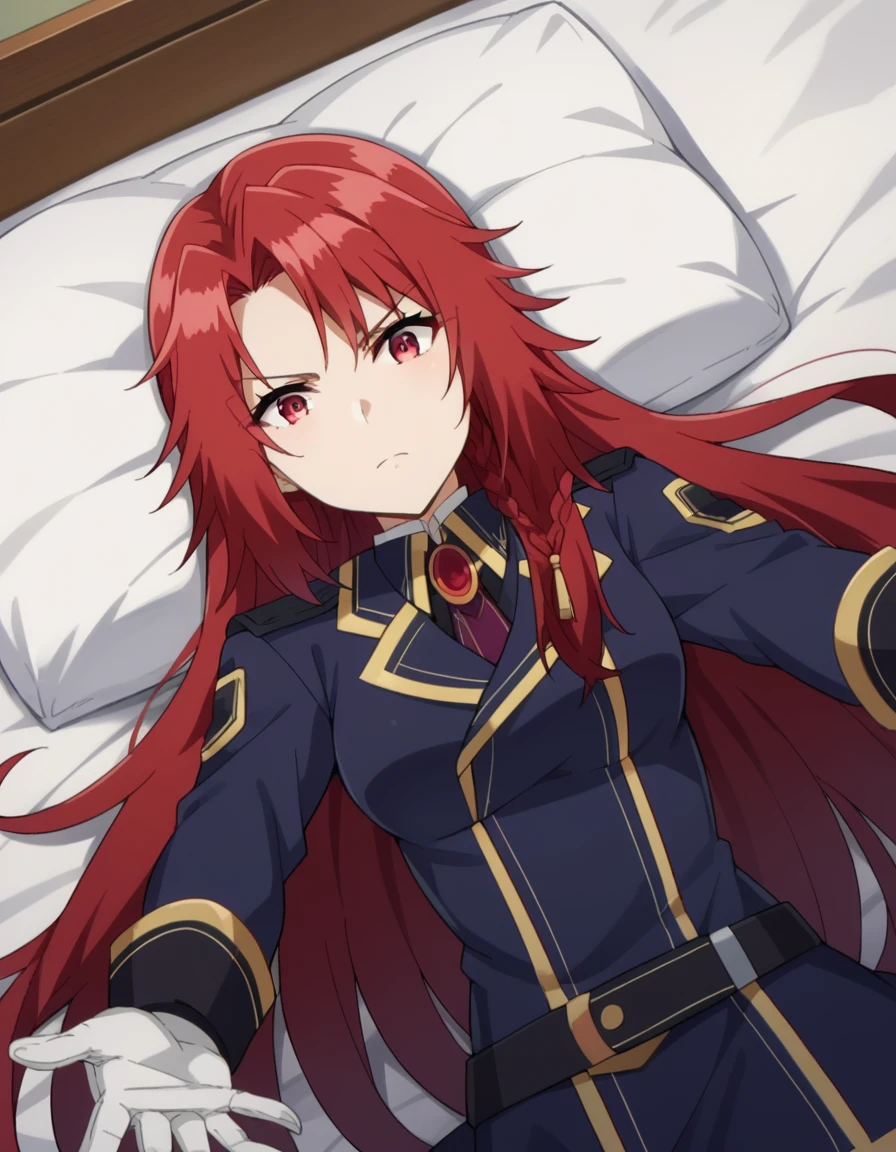 score_9, score_8_up, score_7_up, source_anime,
irismidgar, <lora:iris-midgar-ponyxl-lora-nochekaiser:1>,
iris midgar, long hair, red eyes, braid, red hair,
skirt, gloves, long sleeves, jacket, necktie, white gloves, uniform, military, military uniform,
indoors, bed, bed room, on back, arm support, arms up, incoming hug, pov, reaching, reaching towards viewer,
looking at viewer, dutch angle,