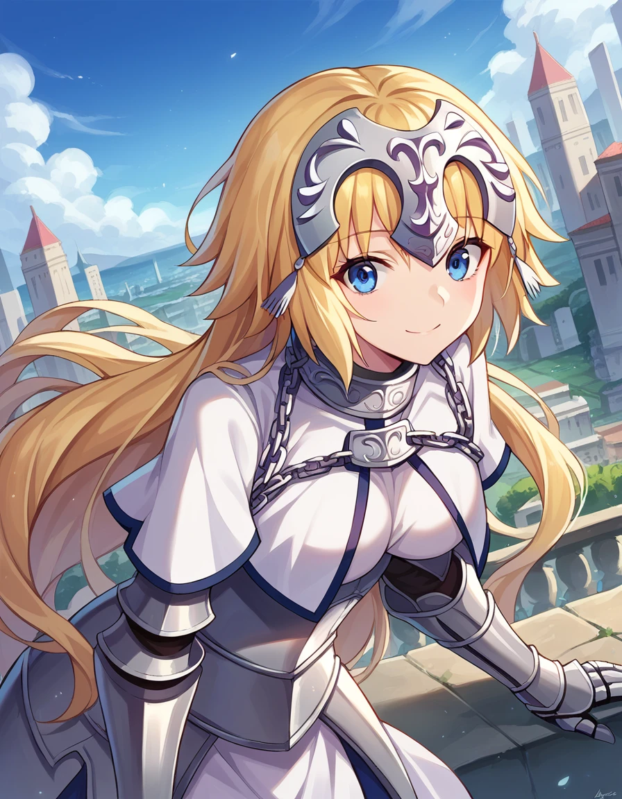 score_9, score_8_up, score_7_up, source_anime,
jeannedarc, <lora:jeanne-darc-ponyxl-lora-nochekaiser:1>,
jeanne darc, blonde hair, blue eyes, long hair, smile,
white dress, armor, armored dress, chain, collar, dress, faulds, gauntlets, headpiece, metal collar, plackart,
outdoors, cityscape, bent over,
looking at viewer, dutch angle, cowboy shot,