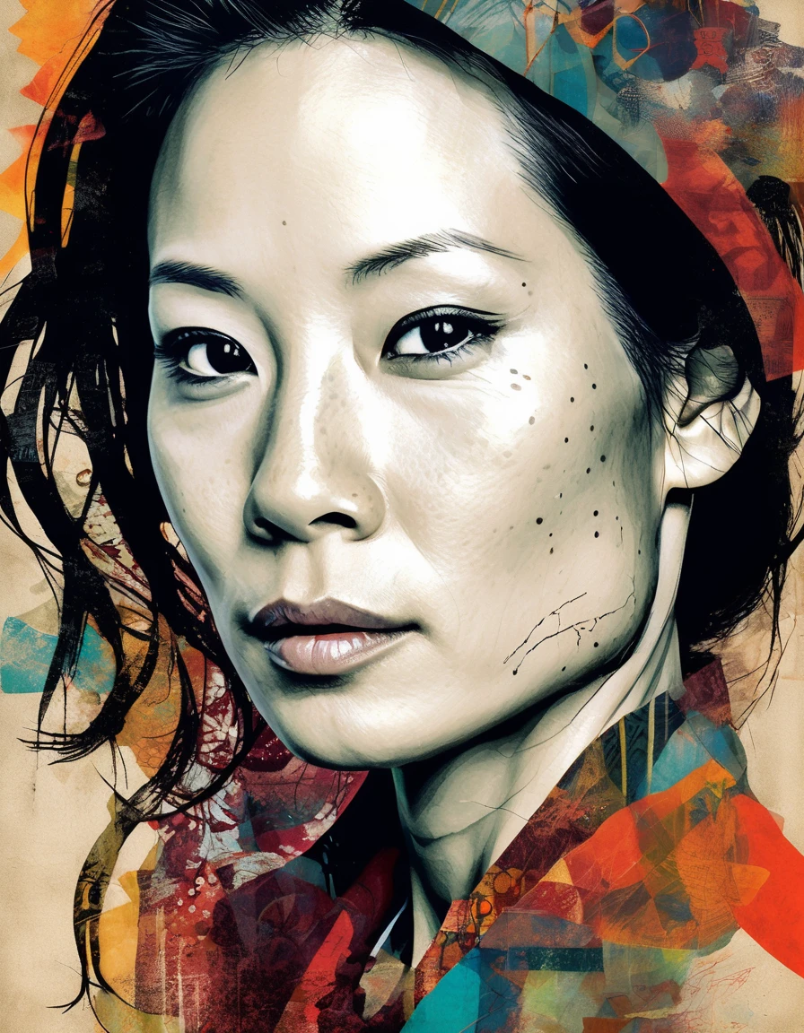 <lora:Lucy Liu v2:1.0>,  collage style illustration of lcylxsl woman, slight smile, mixed media, layered, textural, detailed, artistic