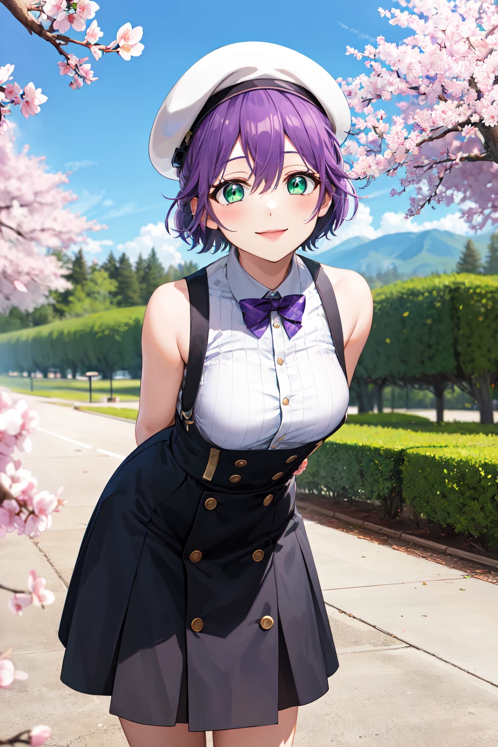 masterpiece, best quality, highres, 1girl, solo, short hair, purple hair, green eyes, <lora:segawa_hiro_v1:0.7>, beret, high-waist skirt, white shirt, suspenders, sleeveless, smile, arms behind back, cherry blossoms, standing, cowboy shot, outdoors, leaning forward, bent over,