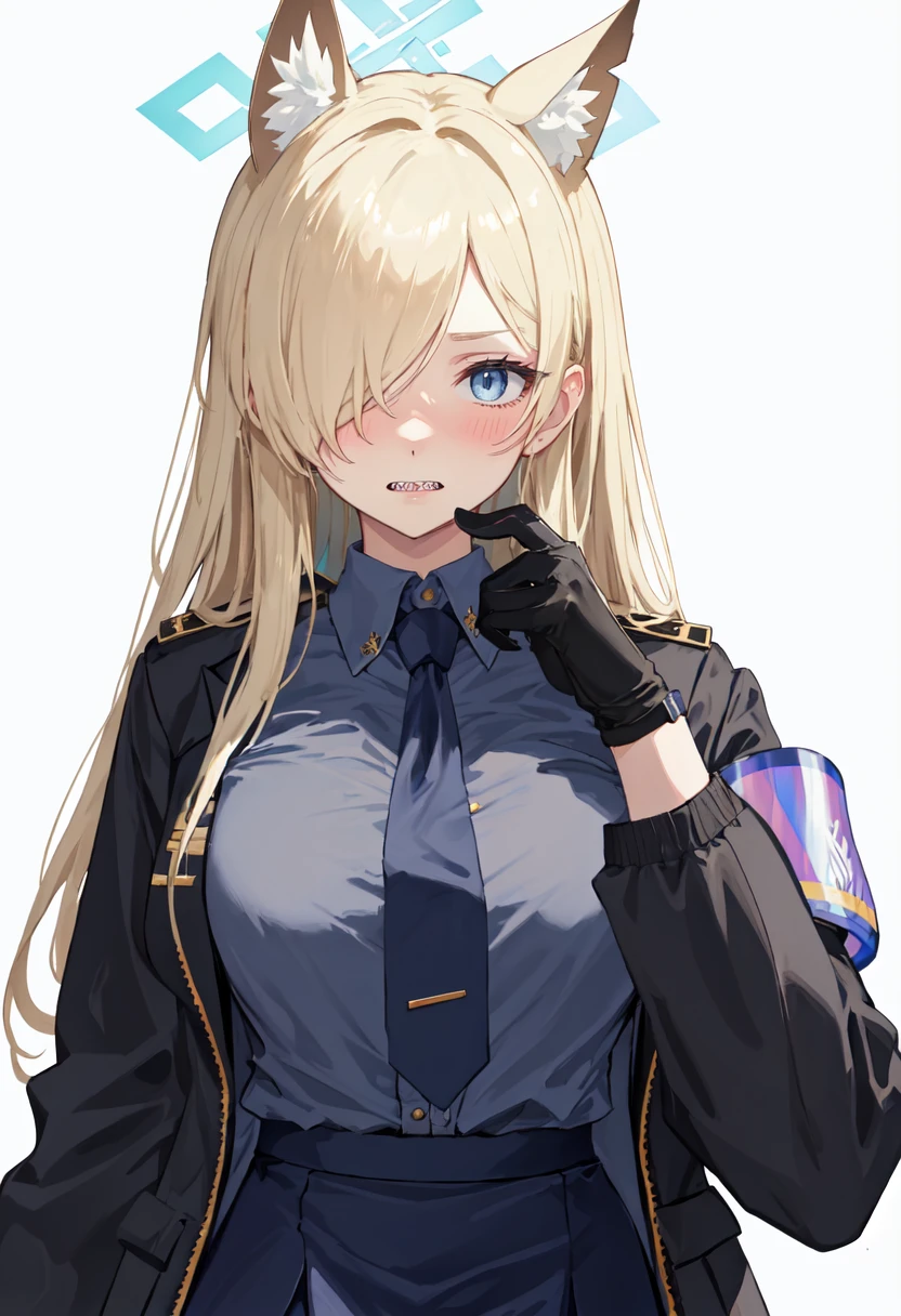 best quality, masterpiece, highres, solo, (kanna_bluearchive:1.10), 1girl, black jacket, blue shirt, collared shirt, looking at viewer, open jacket, armband, black gloves, simple background, white background, long sleeves, blush, skirt, sharp teeth, tie clip, black necktie, blue necktie, 4 <lora:kanna_bluearchive:0.80>