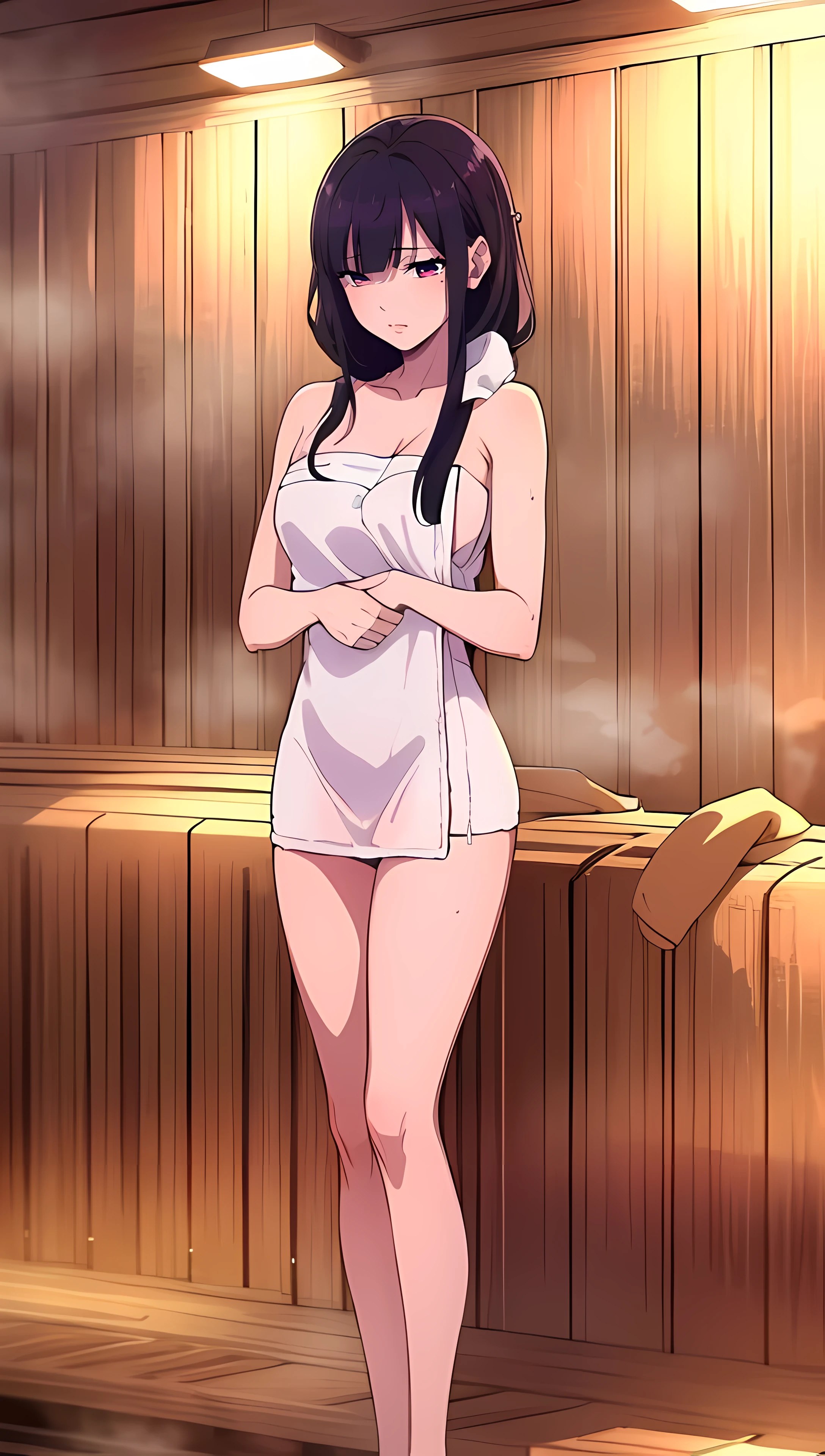 masterpiece, best quality, high resolution, highly detailed, HDR, intricate detail, ultra detailed,
BREAK
<lora:Saimori Miyo:0.7>_very long black hair with purple reflections_square bangs_pale pink eyes_skinny and gaunt_unhealthy hair,
BREAK
(towel sauna:1.6)