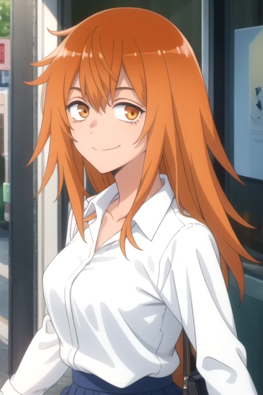 ((masterpiece)),(best quality),official art,extremely detailed CG,unity 8k wallpaper,ultra detailed,beautiful detailed eyes,extremely detailed face,outdoors,1girl,solo,upper body,(portrait:1.5),looking at viewer,facing viewer,smile,messy long hair,orange hair,sidelocks,hair_between_eyes,orange eyes,bags_under_eyes,sanpaku,collarbone,collared shirt,white shirt,long sleeves,medium breasts,blue skirt,miniskirt,blue skirt,pleated skirt,black socks,loafers,<lora:Maki Gamou(dtwm,mn)>,