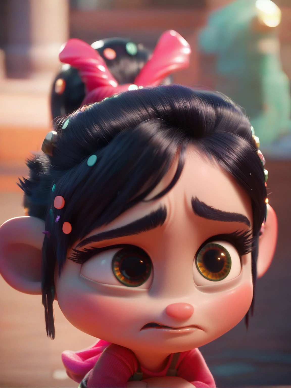 <lora:Vanellope:1>, va_pe, 1girl, small body, black hair, brown eyes, sad, score_9, score_8_up, score_7_up,