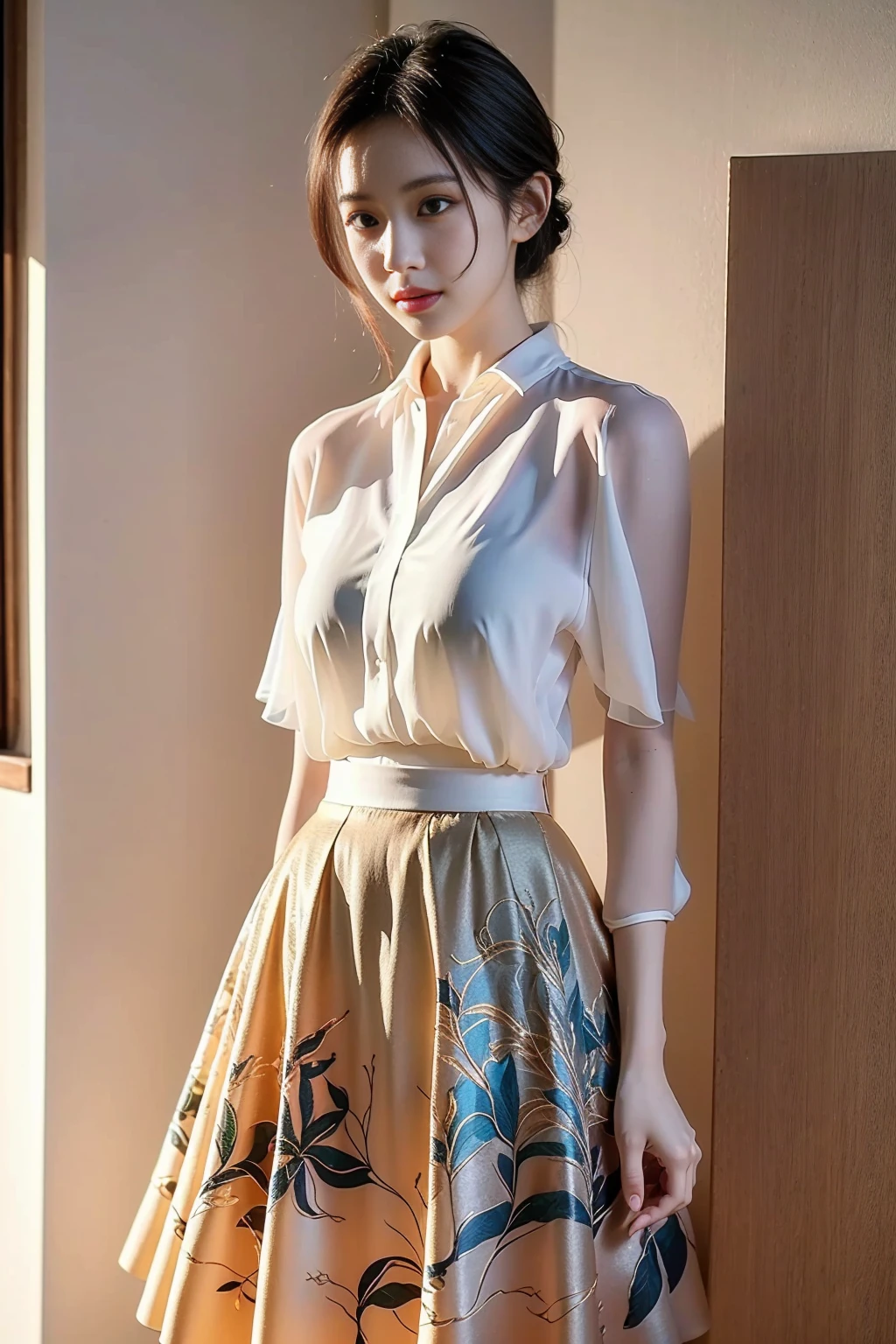 full_body,<lora:xinzhongshi2:0.9>,stand,xinzhongshi,transparent shirt,(patterned clothes:1.3),medium_skirt,((skirt:1.3)),, best quality, masterpiece, (realistic, photo-realistic:1.37),ultra high res,highres,, illustration. media, delicate,8k wallpaper,soft light,official art,professional lighting, photon mapping, radiosity, physically-based rendering,1girl,, best quality, masterpiece, (photorealistic:1),ultra high res,highres,, illustration. media, delicate,8k wallpaper,soft light,official art, (realistic:1.2),1girl,