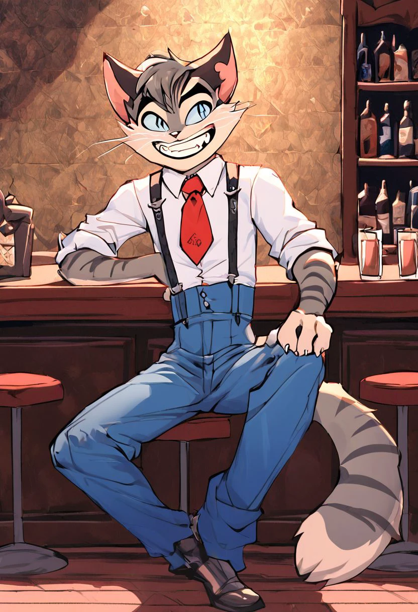 Rocky, Rocky Rickaby, blue eyes, striped fur, striped, pointed ears, eyebrows, smiling. (male anthro cat:1.3),
Solo, alone, by himself, 1boy, male.
Clothing, clothed, suspenders, large red tie, blue trousers, long trousers
Thin, twink, skinny. (skinny),  (white body:1.1),
HD, digital painting, digital art, masterpiece
Sitting, sitting down.
grin, sharp teeth,
bar, tavern, behind a bar. (inside:1.35),
HD, digital painting, digital art, masterpiece ((full length portrait)), digital drawing (artwork), digital media (artwork), hi res,  negative_hand,