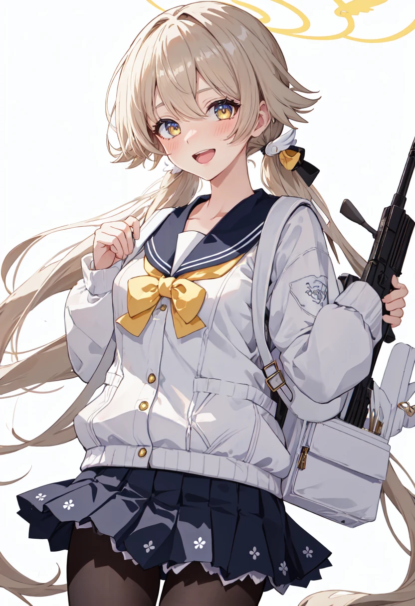 best quality, masterpiece, highres, solo, (hifumi_bluearchive:1.10), 1girl, assault rifle, black pantyhose, long sleeves, pleated skirt, backpack, blue skirt, looking at viewer, blush, bullpup, blue sailor collar, bow, open mouth, white cardigan, simple background, smile, serafuku, white background, 4 <lora:hifumi_bluearchive:0.80>