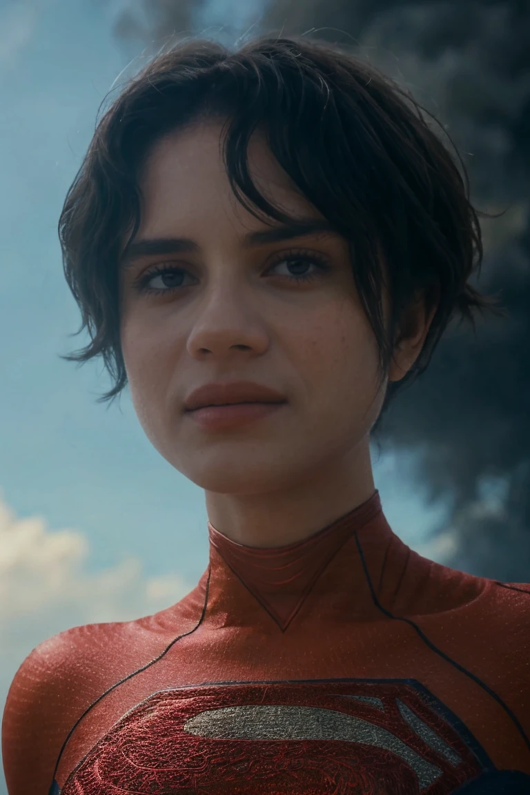 1girl, solo, portrait, upper body, smirk, sky, smoke, looking at viewer, blurry background, bokeh, chromatic aberration, depth of field, female focus, masterpiece, best quality, ultra-detailed, ultra high res, (photorealistic:1.4), raw photo, (realistic:0.2), 8k HDR, f1.4, 40mm, photorealistic, raw, 8k, textured skin, skin pores, intricate details, by Dorothea Lange
 <lora:epiCRealismHelper:1> <lora:PAseer-SD15-LCM Quick:1> <lora:supergirl_tf_lora_v02:1> 5uper, bodysuit, red cape, short hair, superhero