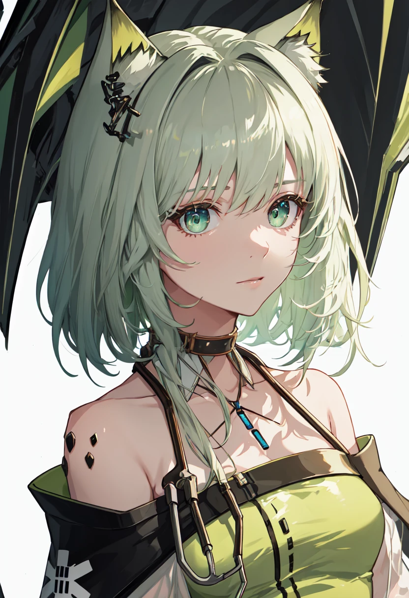 best quality, masterpiece, highres, solo, (kal_tsit_arknights:1.10), 1girl, bare shoulders, closed mouth, off-shoulder dress, simple background, upper body, green dress, white background, looking at viewer, oripathy lesion (arknights), choker, collarbone, stethoscope, 1 <lora:kal_tsit_arknights:0.80>