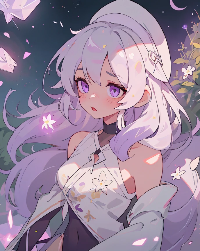 <lora:Rbeyrrlesv2:0.75> 1 girl, RBEYRRLES, white hair, silver eyes,,drunk, blush, Wire, thin, Calder, Purple Mesh Bodysuit with Embroidered Flowers, Thin, Diamond-Shaped Face, Light Skin, Short Nose, Full Lips, Square Chin, Mauve sheer lipstick, hat, white Silky Hair Shoulder-Length Hair Curls, with a rocky coastline in the background, cluster of fireflies creating a magical glow