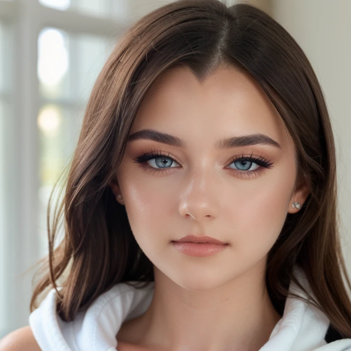 a portrait photo of a young woman, makayla, close-up, translucent skin, detailed skin, pale skin, glamor photography, looking at viewer, hoodie, 4k high quality, sharp focus, high resolution, depth of field, soft light, indoors, fuji film, film grain, film, analog film, soft light, bokeh, blue eyes, eyelashes, eye makeup, lips, brown hair <lora:2024-03-24_18-12-46-save-2700-60-0:1>