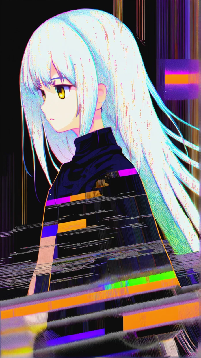âDraw a person on the left side of the image, with only a landscape in the center and right side.â(block noise:1.8)
(noise,glitch art:1.8)
white hair,,solo,1girl,
,gold eyes,,,straight hair,
BREAK
Envision a character that embodies the essence of glitch art within a sprawling digital city. This character is entwined with the environment, their form flickering and fragmenting into the chaotic digital noise that surrounds them. The city is a web of broken data and corrupted visuals, with a gritty atmosphere thick with static interference. Neon signs flicker erratically, while screens display incomprehensible errors. The character, meanwhile, is a canvas of this digital decay, their visage a mesmerizing patchwork of glitches, pixel streaks, and erratic lines, echoing the city's own fractured beauty.