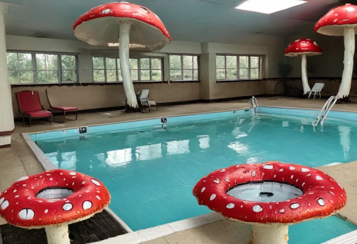 a weirdcore scene with a liminal space incorporating elements of suburbian life, creepy mushrooms, and a pool surrounded by a dirty, lo-fi atmosphere <lora:y2kmadmix_db-v0.0.1-extract:1>