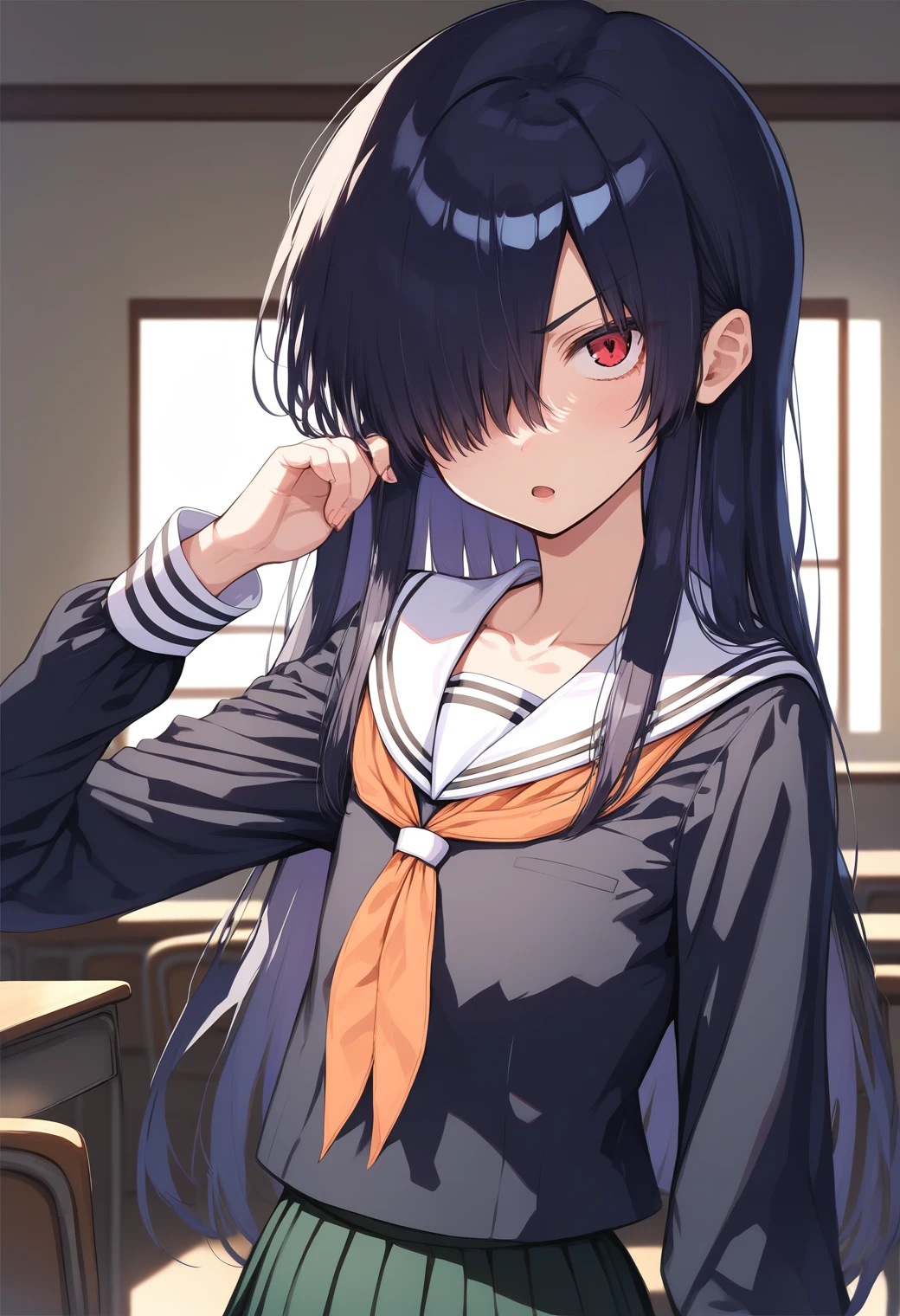 1girl, solo, (indoors:1.2), serious, open mouth, upper body,
izumozaki_neneko, flat chest, hair over one eye, red eyes, long hair, black hair, neckerchief, school uniform, black serafuku, long sleeves, long skirt, pleated skirt, <lora:izumozaki_neneko_pony_ver1:0.7>, score_9, score_8_up, score_7_up, BREAK source_anime, best quality, masterpiece, uncensored, solo,