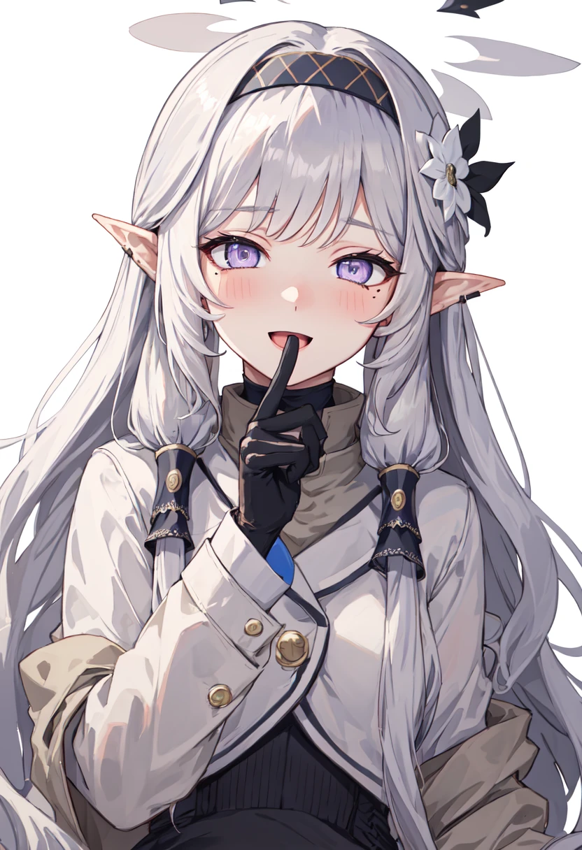 best quality, masterpiece, highres, solo, (himari_bluearchive:1.10), 1girl, blush, simple background, smile, upper body, white background, white flower, hair tubes, looking at viewer, white jacket, open mouth, long sleeves, black gloves, 2 <lora:himari_bluearchive:0.80>