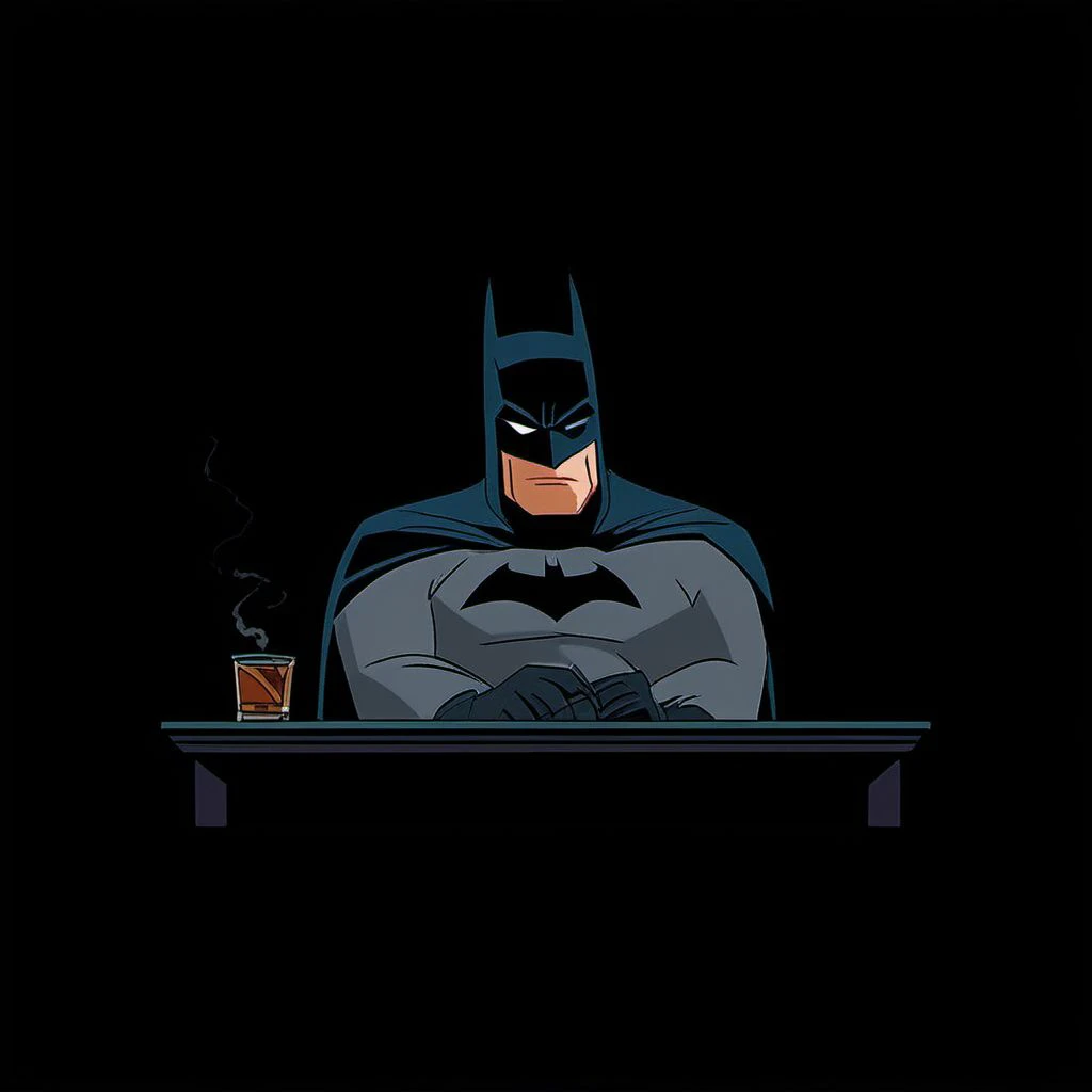 Batman sits at a desk in a dimly lit room smoking a cigar, btstyle <lora:Retro_Cartoons_the_Animated_Series-000009_1:1>