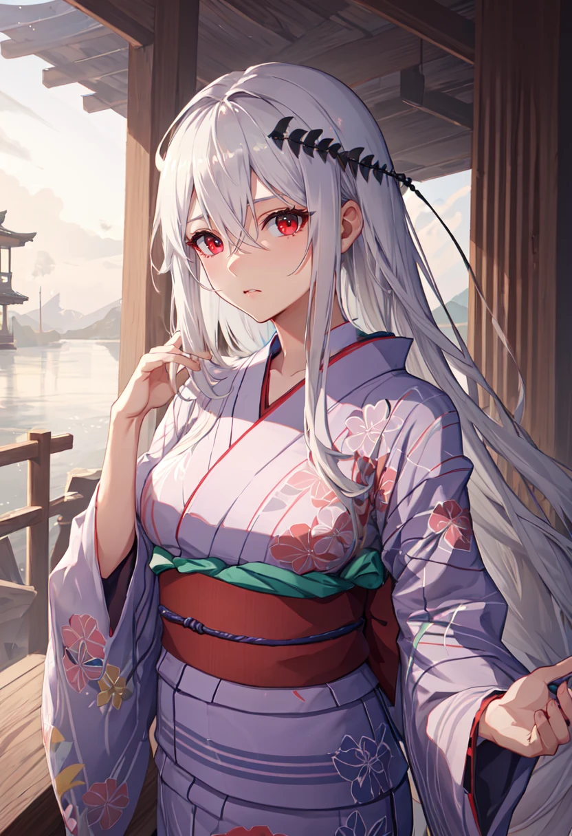 best quality, masterpiece, highres, solo, (skadi_arknights:1.10), (yukata:1.30), (kimono:1.15), 25 <lora:skadi_arknights:0.80>