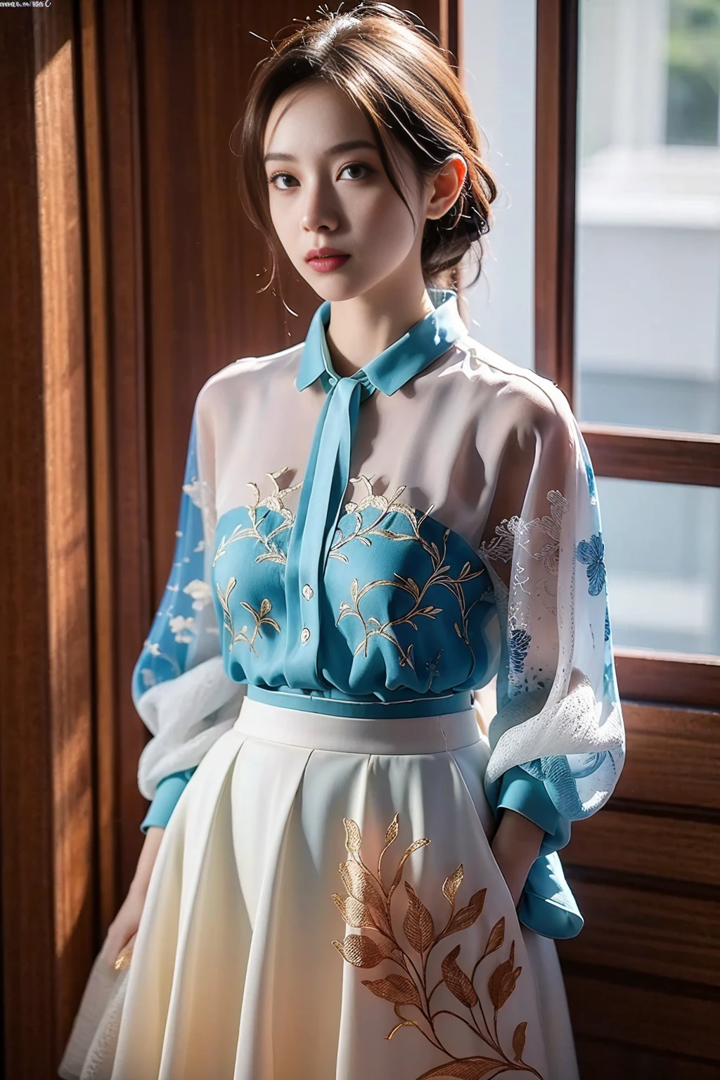 full_body,<lora:xinzhongshi2:0.9>,stand,xinzhongshi,transparent shirt,(patterned clothes:1.3),medium_skirt,((skirt:1.3)),, best quality, masterpiece, (realistic, photo-realistic:1.37),ultra high res,highres,, illustration. media, delicate,8k wallpaper,soft light,official art,professional lighting, photon mapping, radiosity, physically-based rendering,1girl,, best quality, masterpiece, (photorealistic:1),ultra high res,highres,, illustration. media, delicate,8k wallpaper,soft light,official art, (realistic:1.2),1girl,