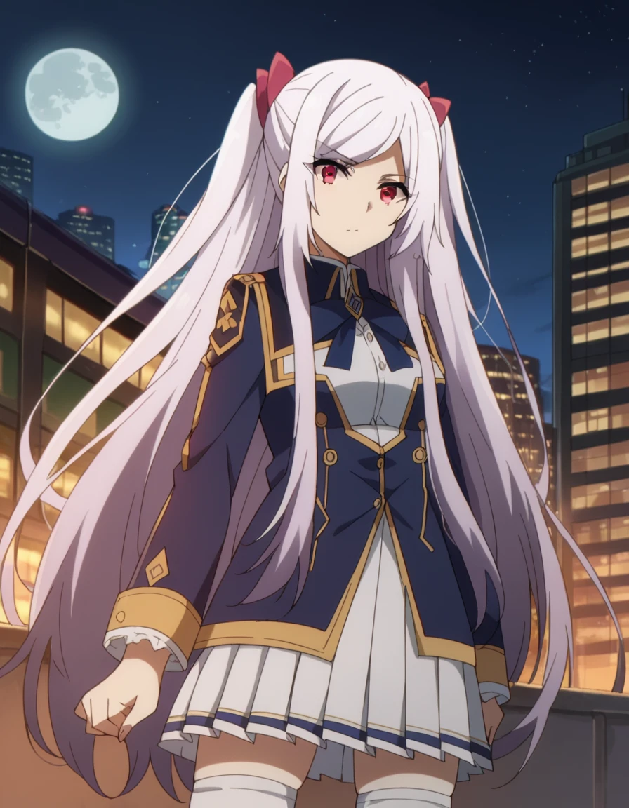 score_9, score_8_up, score_7_up, source_anime,
alexiamidgar, <lora:alexia-midgar-ponyxl-lora-nochekaiser:1>,
alexia midgar, long hair, very long hair, hair ribbon, white hair, red eyes, sidelocks, ribbon,
skirt, thighhighs, long sleeves, pleated skirt, miniskirt, white thighhighs, zettai ryouiki, white skirt,
outdoors, cityscape, night, moon,
looking at viewer, dutch angle,