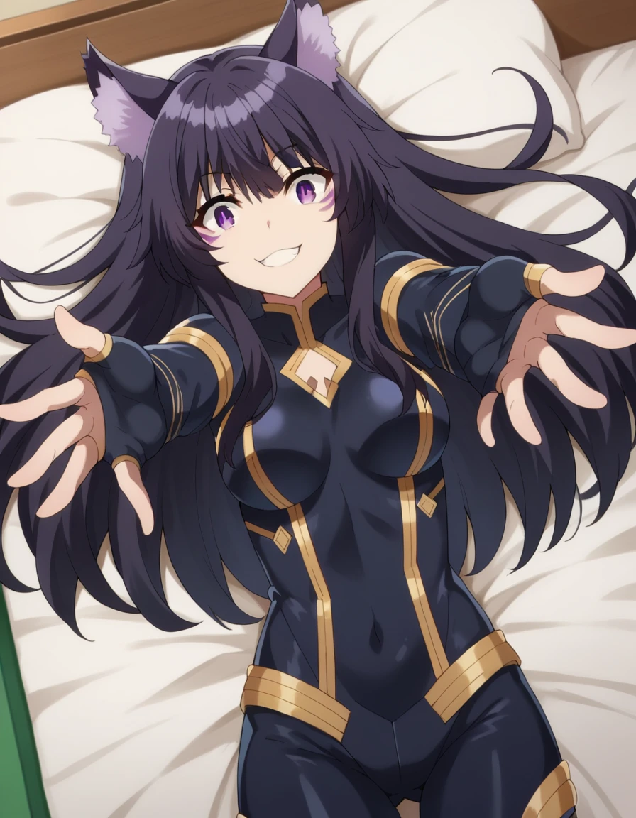score_9, score_8_up, score_7_up, source_anime,
shadowdelta, <lora:shadow-delta-ponyxl-lora-nochekaiser:1>,
delta, long hair, black hair, animal ears, purple eyes, cat ears, animal ear fluff, facial mark, smile,
bodysuit, black bodysuit,
indoors, bed, bed room, on back, arm support, arms up, incoming hug, pov, reaching, reaching towards viewer,
looking at viewer, cowboy shot, dutch angle,