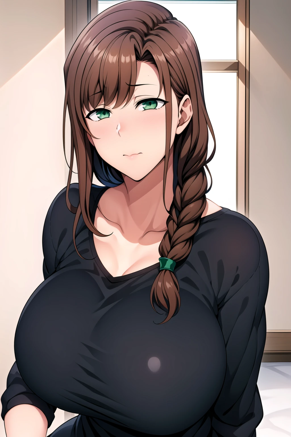 Simple White Background,
dynamic pose,standing at attention,
Black Shirt,collarbone,
<lora:Oikawa_Amane_FamilyControl-KK77-4:0.7>,
green_eyes,brown_hair,bangs,hair ornament,single_braid,long hair,
<lora:Oda_Non_Style-KK77-V2:0.3>,<lora:more_details:0.1>,<lora:SaiminSeishidou_Lesson_Style-KK77-V1:0.3>,
1 girl, 20yo,Young female,Beautiful long legs,Beautiful body,
Beautiful Nose,Beautiful character design, perfect eyes, perfect face,expressive eyes,perfect balance,
looking at viewer,(Focus on her face),closed mouth, (innocent_big_eyes:1.0),(Light_Smile:0.5),
official art,extremely detailed CG unity 8k wallpaper, perfect lighting,Colorful, Bright_Front_face_Lighting,White skin,
(masterpiece:1.0),(best_quality:1.0), ultra high res,4K,ultra-detailed,
photography, 8K, HDR, highres, absurdres:1.2, Kodak portra 400, film grain, blurry background, bokeh:1.2, lens flare, (vibrant_color:1.2),professional photograph,
(Beautiful,large_Breasts:1.2), (beautiful_face:1.5),(narrow_waist),