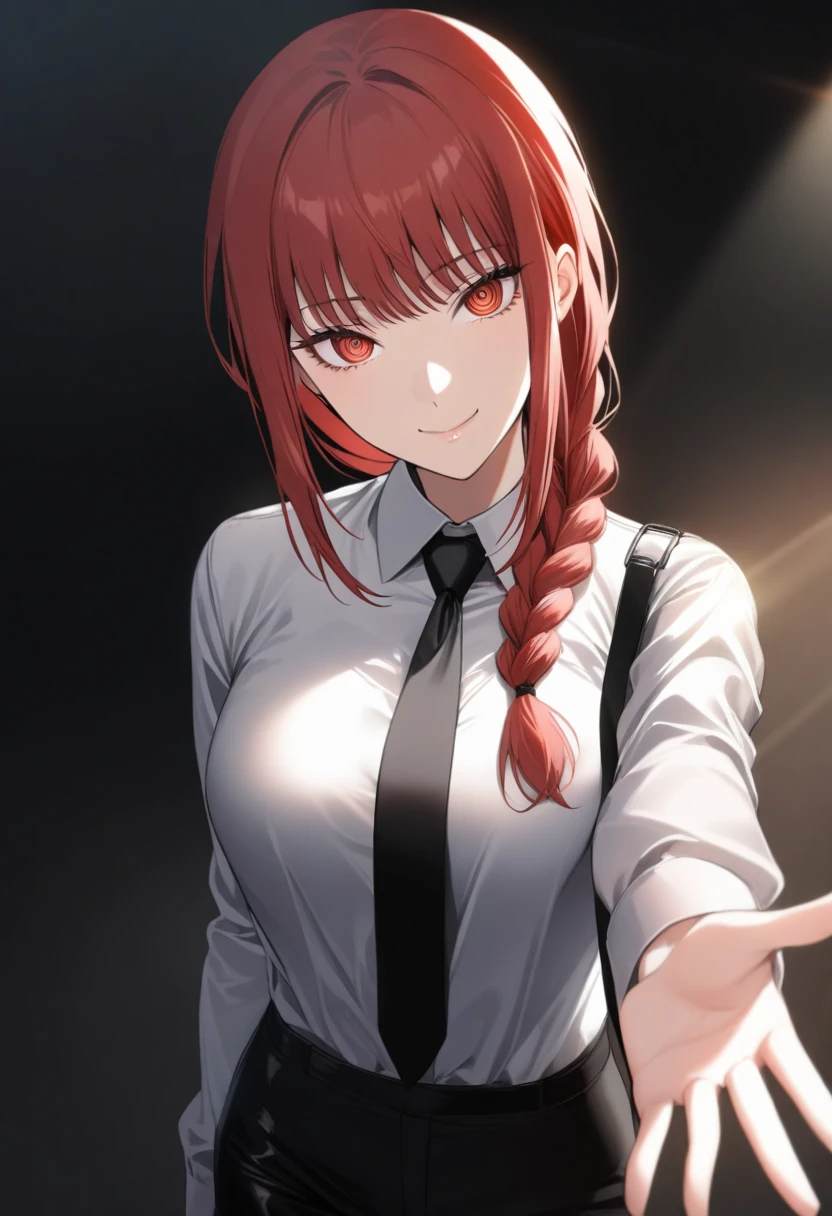 1girl,makima(chainsaw_man),black_necktie,black_pants,braid,braided_ponytail,breasts,closed_mouth,collar,collared_shirt,cowboy_shot,fingernails,giving,hair_over_shoulder,head_tilt,holding dog leash,long_hair,long_sleeves,looking_at_viewer,necktie,outstretched_arm,pants,red_eyes,red_hair,ringed_eyes,shirt,smile,solo,sunlight,unworn_collar,white_shirt,