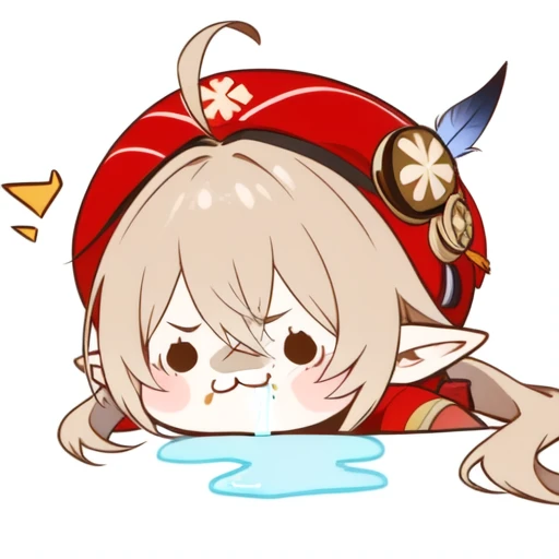 <lora:Ath_drooling:1>,drooling, 1girl, chibi, klee \(genshin impact\), solo, hat, simple background, white background, ahoge, bangs, :3, red headwear, cabbie hat, twintails, long hair, hair between eyes, pointy ears, hat feather, low twintails, clover print, sidelocks, light brown hair, looking at viewer, hat ornament, v-shaped eyebrows, food on face