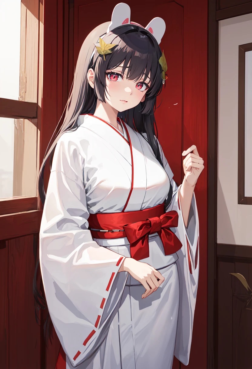 best quality, masterpiece, highres, solo, (miyu_bluearchive:1.10), (white kimono:1.35), (red hakama:1.35), (wide sleeves:1.20), 25 <lora:miyu_bluearchive:0.80>