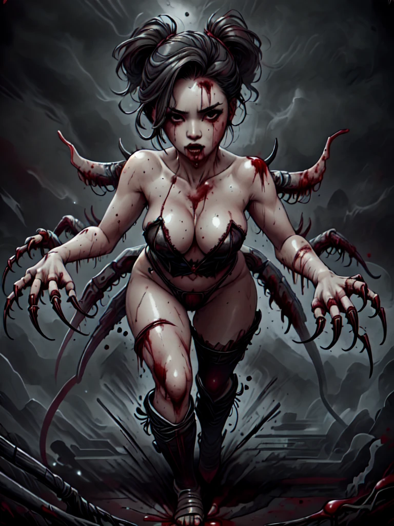 A sexy woman covered in blood, claws for hands, walking seductively towards the viewer