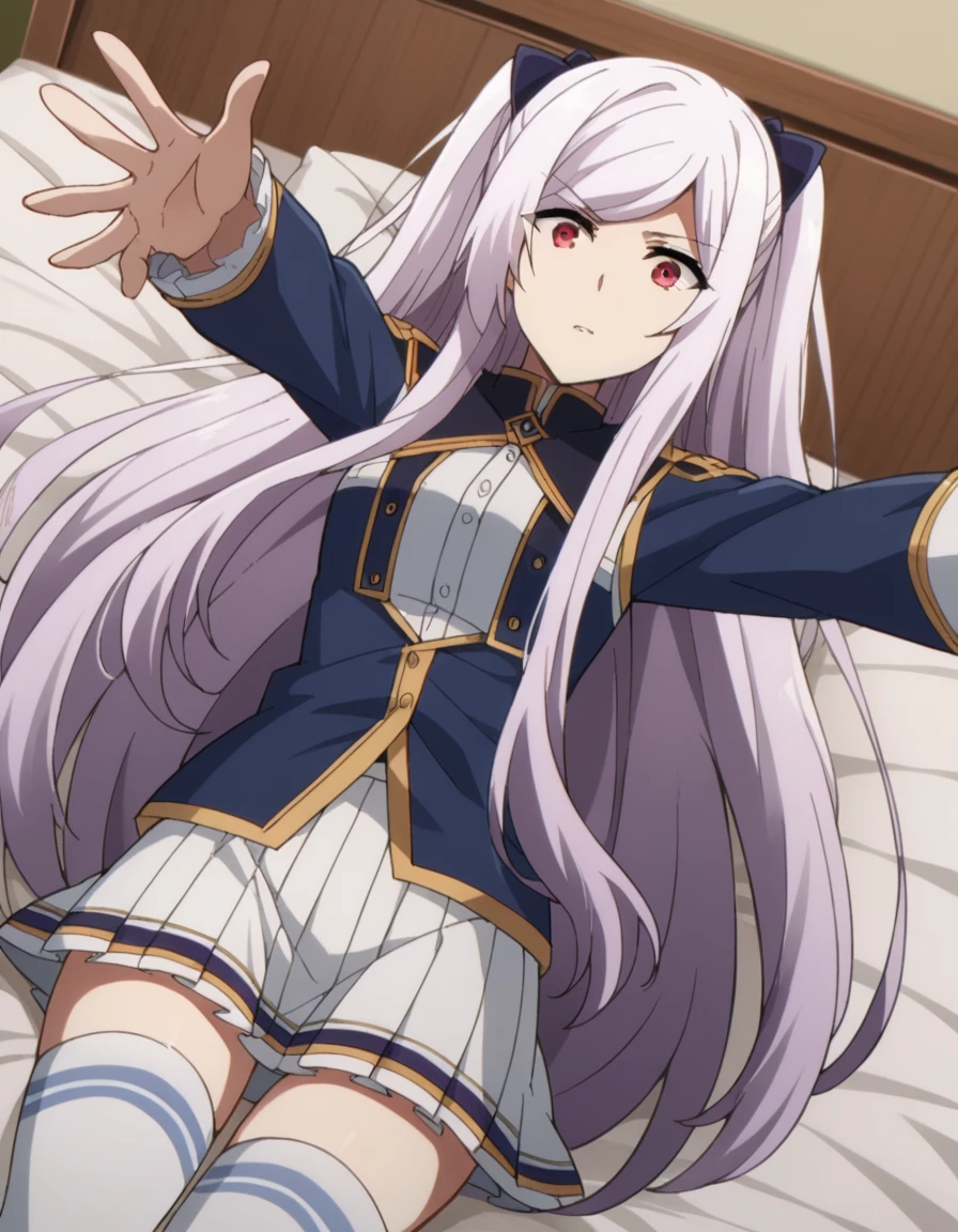 score_9, score_8_up, score_7_up, source_anime,
alexiamidgar, <lora:alexia-midgar-ponyxl-lora-nochekaiser:1>,
alexia midgar, long hair, very long hair, hair ribbon, white hair, red eyes, sidelocks, ribbon,
skirt, thighhighs, long sleeves, pleated skirt, miniskirt, white thighhighs, zettai ryouiki, white skirt,
indoors, bed, bed room, on back, arm support, arms up, incoming hug, pov, reaching, reaching towards viewer,
looking at viewer, dutch angle,