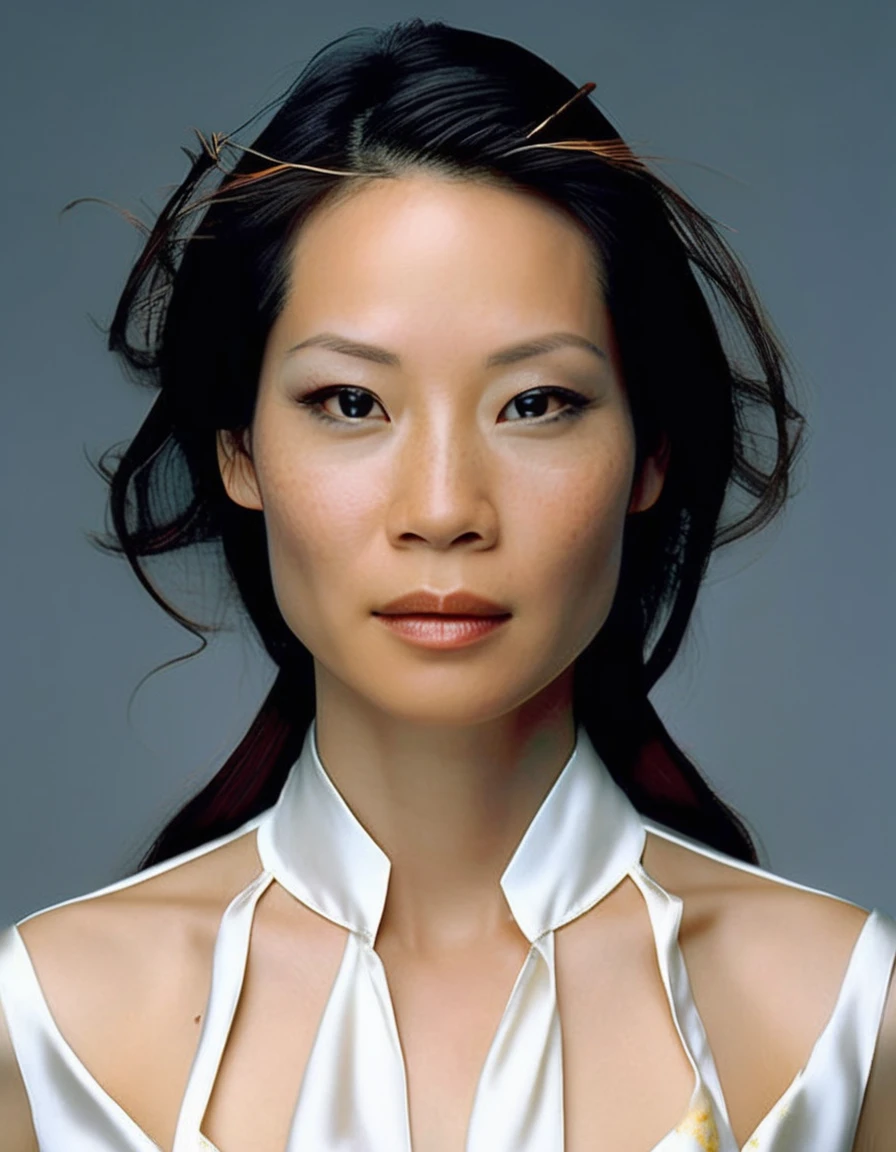 <lora:Lucy Liu v2:1.0>, professional celebrity photography of a young and beautiful (( lcylxsl woman)), smiling, (symmetrical headshot:1.1), honest, RAW, cold tones, sharp, square shoulders, face focus, (skin pores:0.1), hyper detailed, subsurface scattering, caustics, in style of Platon shot on Canon EOS 5D Mark IV 24-70mm f/2.8 1/125s 400 Natural light, reflectors, wearing a silk blouse .