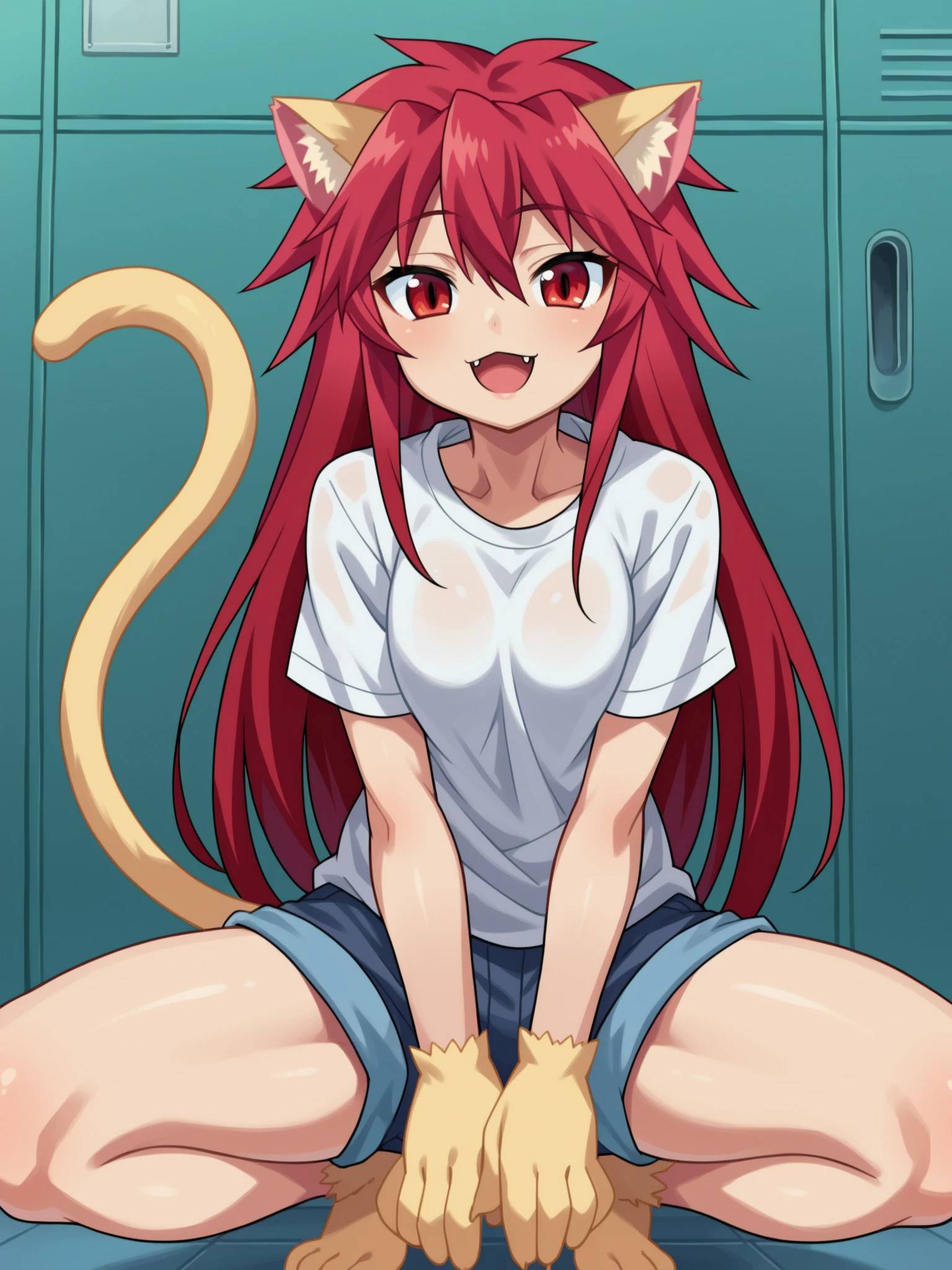 score_9, score_8_up, score_7_up, source_anime, <lora:Mari_Setagaya_epoch_9:1>, 1girl, solo,
mari setagaya, cat-form, long hair, red eyes, animal ears, tail, red hair, cat ears, cat tail, animal hands,
squatting, hand between legs, happy, spread legs, looking at viewer, white shirt, shorts, fang