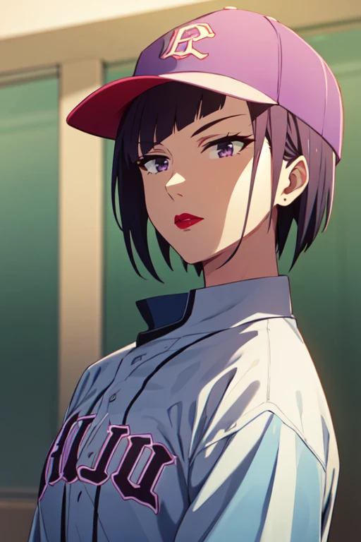 concept art masterpiece, high quality, absurdres, best quality, 4k, <lora:RankoMannenR4:0.7>, RankoMannenR4, 1girl, short hair, purple eyes, purple hair,red lipstick, baseball cap, baseball uniform,   . digital artwork, illustrative, painterly, matte painting, highly detailed