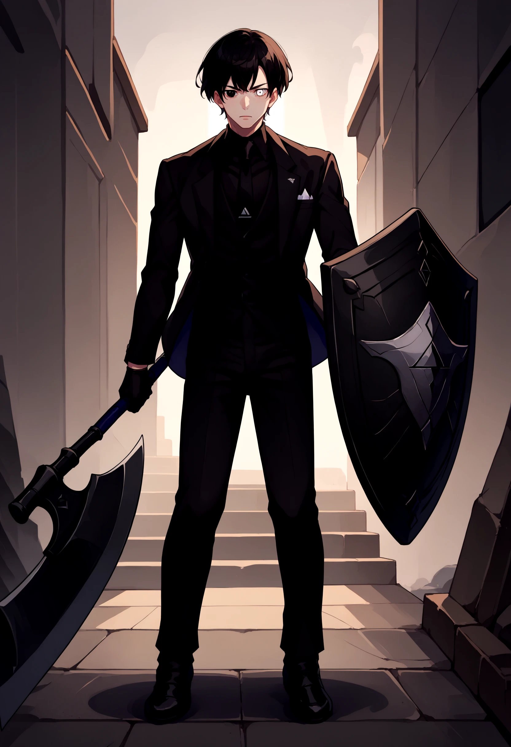 score_9, score_8_up, source_anime, 1boy, solo, holding weapon, holding, weapon, Shield, axe, <lora:UBW_XLPD:1>, full body, heterochromia, black eyes, white eyes, formal, black jacket, black vest, black necktie, black gloves, black pants, black hair, 
[:, <lora:oc_justtnp_ponyXL:1>, justtnp, heterochromia, black eyes, white eyes, formal, black jacket, black vest, black necktie, black gloves, black pants:16]