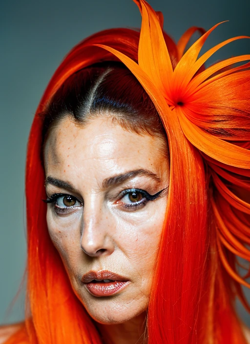 portrait of young and beautiful ((sks woman)) , by Imogen Cunningham, , supermodel <lora:locon_monicabellucci_v1_from_v1_64_32:1>, portrait of ((sks woman)) by Flora Borsi, style by Flora Borsi, bold, bright colours, orange Mohawk haircut, ((Flora Borsi))