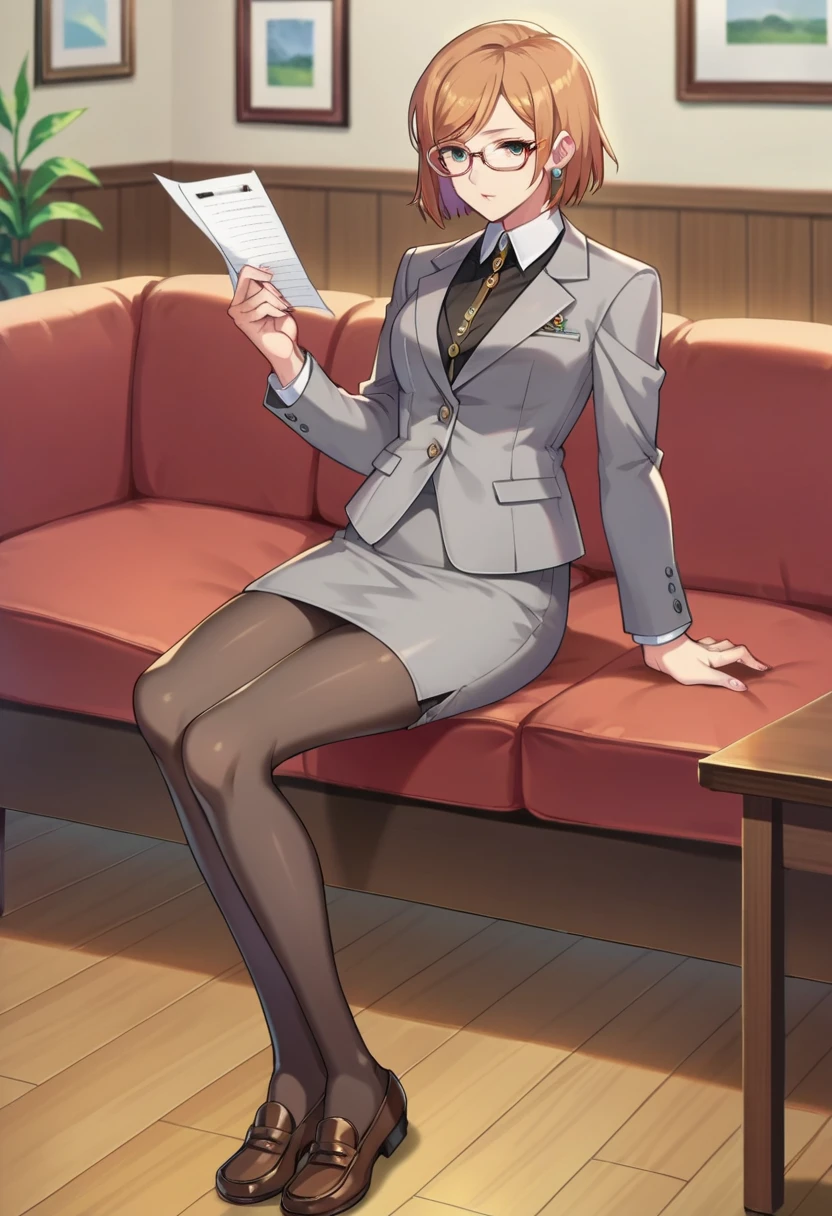 score_9,score_8_up,score_7_up,score_6_up,source_anime,anime screencap,game cg,1girl,preserica, <lora:Presericapony:0.8>,solo,full body,glasses,holding papers,Formal,suit,grey jacket,grey skirt,loafers,pantyhose,sitting,in luxurious office,indoors