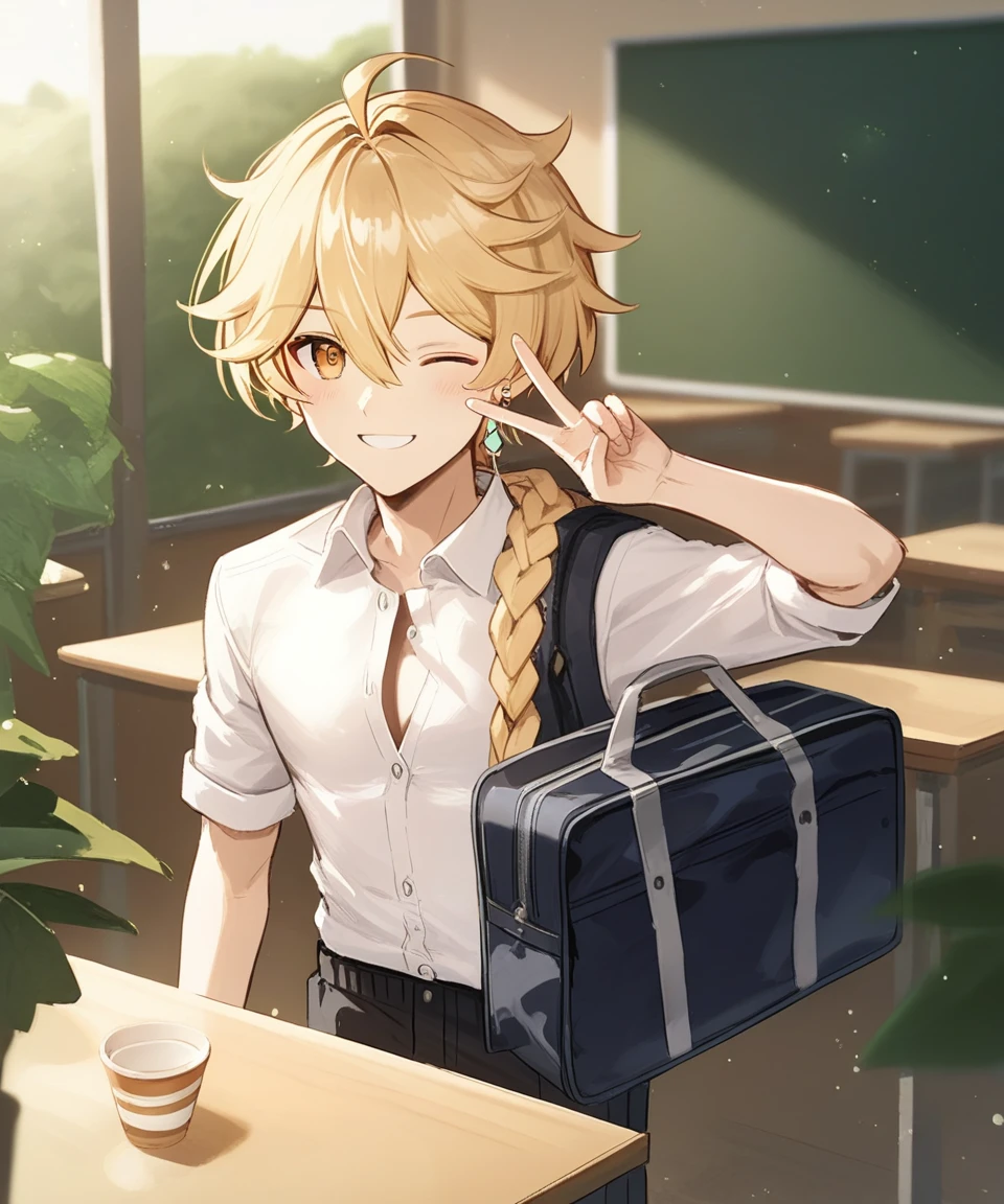 score_9, score_8_up, score_7_up, score_6_up, score_5_up, score_4_up, source_anime, aether_\(genshin_impact\), male focus, blonde hair, hair between eyes, single braid, single earring, solo, looking at viewer, from front, blush, smile, solo, one eye closed, wink, peace sign, v, school, white buttoned shirt, school bag, portrait, standing, cafe, tables, blackboard, depth of field, light particles, plants,  <lora:2024-03-23_07-29-13-save-483-21-0:1>