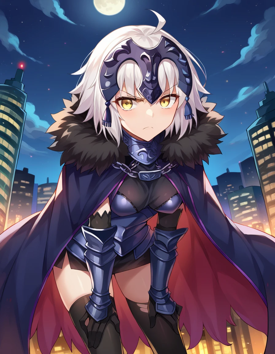 score_9, score_8_up, score_7_up, source_anime,
jalter, <lora:jeanne-darc-alter-ponyxl-lora-nochekaiser:1>,
jalter, white hair, yellow eyes, ahoge,
short hair, headpiece, armor, armored dress, black thighhighs, cape, dress, fur trim, fur-trimmed cape, scowl, sheath, short dress, thighhighs, torn clothes,
outdoors, cityscape, night, moon, bent over,
looking at viewer, dutch angle, cowboy shot,