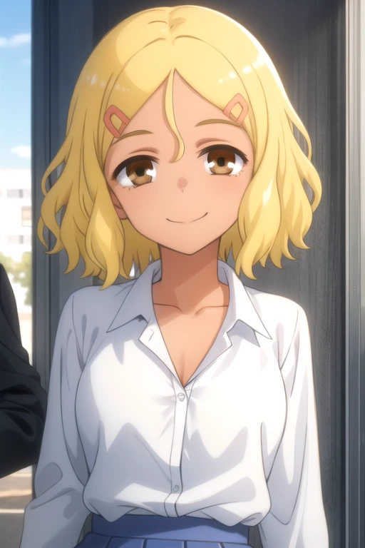 ((masterpiece)),(best quality),official art,extremely detailed CG,unity 8k wallpaper,ultra detailed,beautiful detailed eyes,extremely detailed face,outdoors,1girl,solo,upper body,(portrait:1.5),looking at viewer,facing viewer,smile,yellow hair,short hair,wavy_hair,hairclip,hair_between_eyes,brown eyes,tan,collarbone,collared shirt,white shirt,long sleeves,medium breasts,blue skirt,miniskirt,blue skirt,pleated skirt,loose_socks,white socks,uwabaki,<lora:Sakura(dtwm,mn)>,