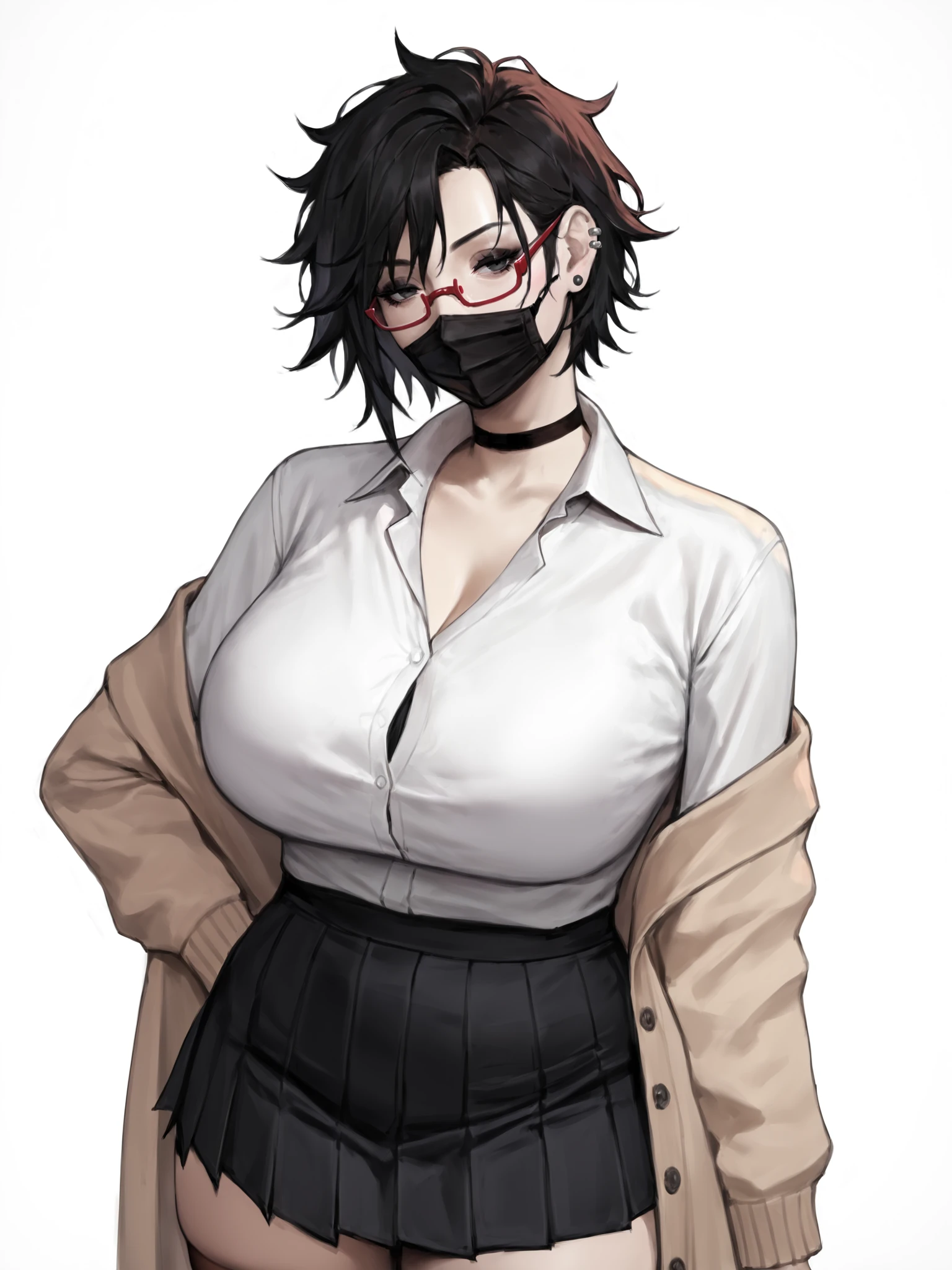 score_9, score_8_up, score_7_up, score_6_up, score_5_up, score_4_up,
BREAK
1girl, (black hair:1.2), bob cut, short hair, tomboy, black eyes, black mouth mask, long eyelashes, half-closed eyes, red-framed eyewear, black choker, messy hair, asymmetrical hair, adult, mature, black eyeliner, ear piercing,
BREAK
solo, standing, huge breasts, adult, broad shoulders, tall, white collared shirt, long sleeves, light brown cardigan, open cardigan, black pleated skirt, black microskirt, black miniskirt, black thighhighs, shirt tucked in, black nails, skinny,
BREAK
(white background:1.2), simple background, realistic, <lora:Lunas-Boingoo-SDXL-A1:1>