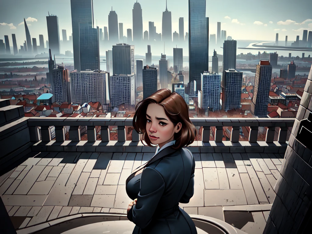 a woman looking down at a city in the background ***No LORA used, for control purposes***