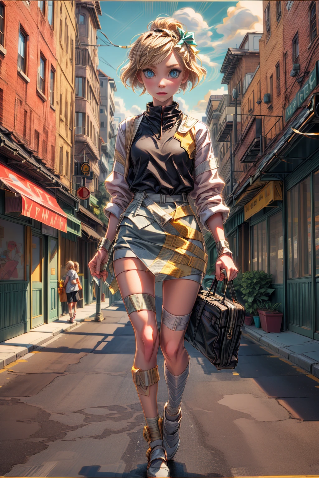 <lora:TapeWorld:1> (TapeWorld:1.15) 1girl  tape bandage,( short blonde hair:1.2),walking in the city <lora:more_details:1.2>