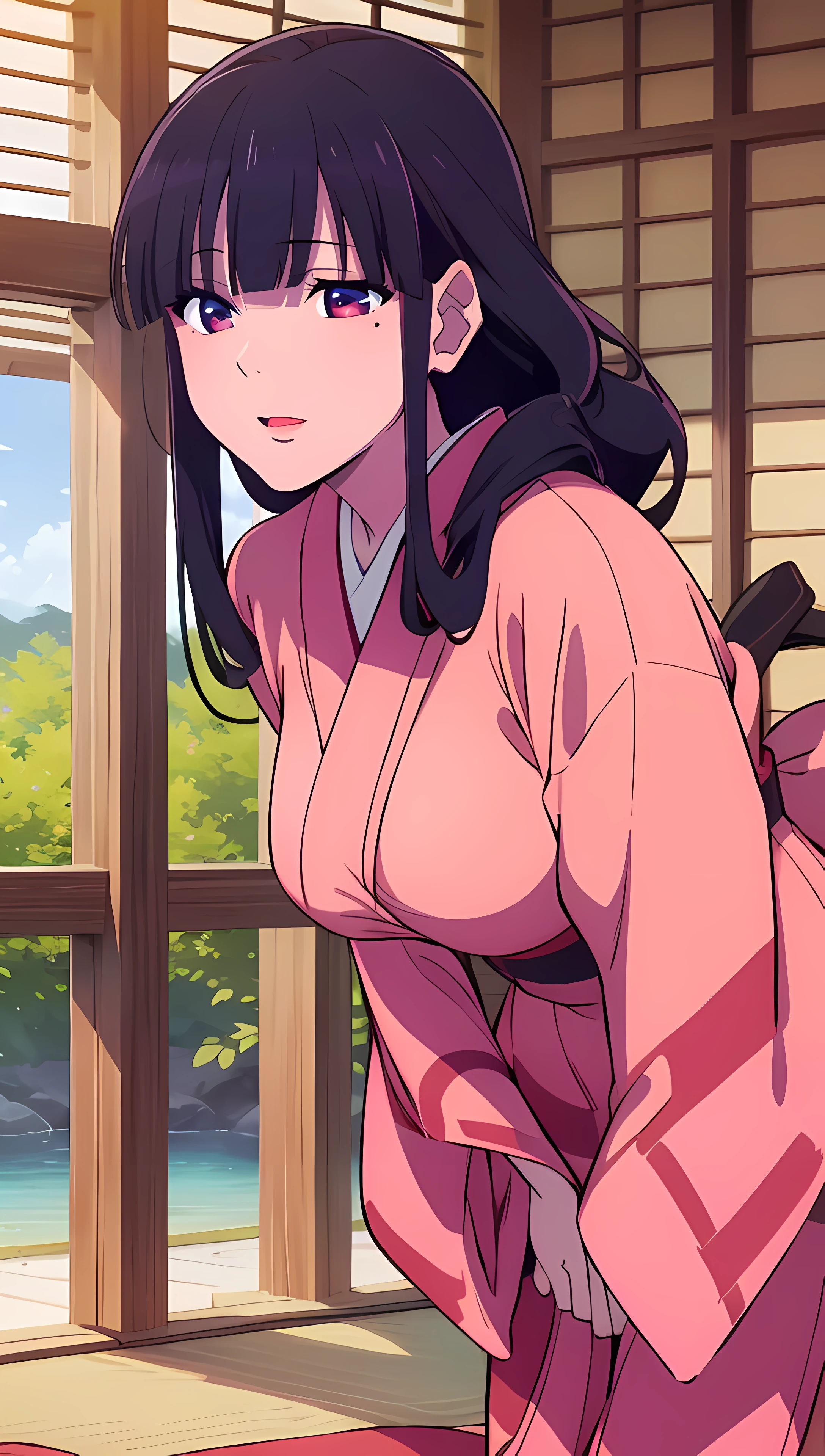 masterpiece, best quality, high resolution, highly detailed, HDR, intricate detail, ultra detailed,
BREAK
<lora:Saimori Miyo:0.7>_very long black hair with purple reflections_square bangs_pale pink eyes_skinny and gaunt_unhealthy hair,
BREAK
(pink kimono:1.5)
BREAK
(leaning forward:1.2)