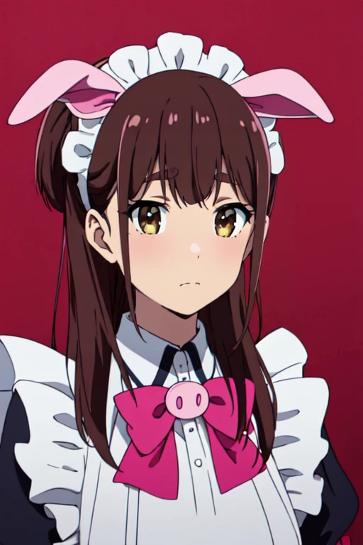 concept art masterpiece, high quality, absurdres, best quality, 4k, <lora:NagomiWahiraR4:0.7>, NagomiWahiraR4, 1girl, brown hair, brown eyes, maid, pink pig ears, upper body, simple background, looking at viewer, bow, bowtie, . digital artwork, illustrative, painterly, matte painting, highly detailed