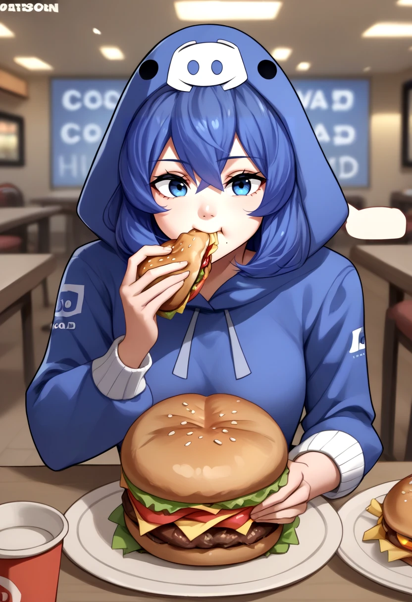 score_9, score_8_up, score_7_up, source_anime, 1girl, dcchan, blue hoodie, animal hood, <lora:DCchanXLPD:1>, upper body, pov across table, food, cafe, burger, eating,